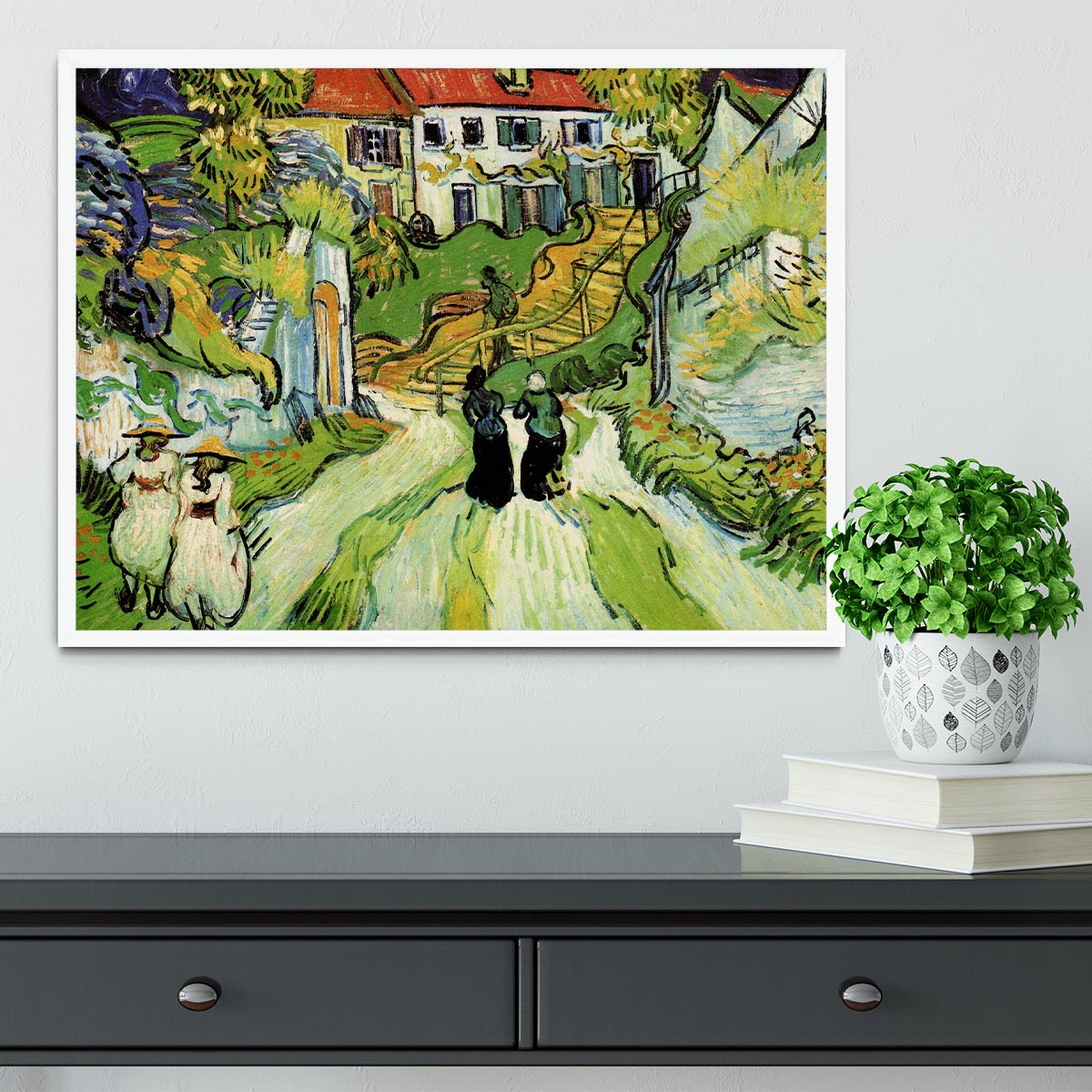 Village Street and Steps in Auvers with Figures by Van Gogh Framed Print - Canvas Art Rocks -6