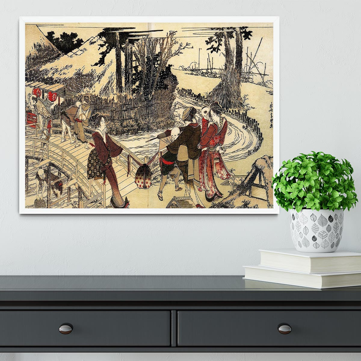 Village near a bridge by Hokusai Framed Print - Canvas Art Rocks -6