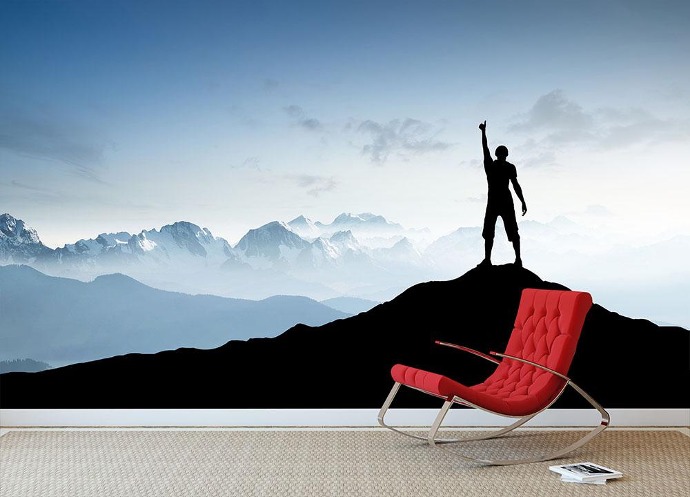 Winner silhouette on the mountain top Wall Mural Wallpaper - Canvas Art Rocks - 2