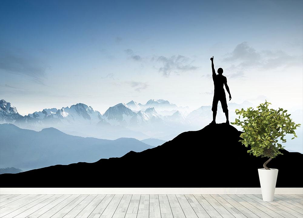 Winner silhouette on the mountain top Wall Mural Wallpaper - Canvas Art Rocks - 4