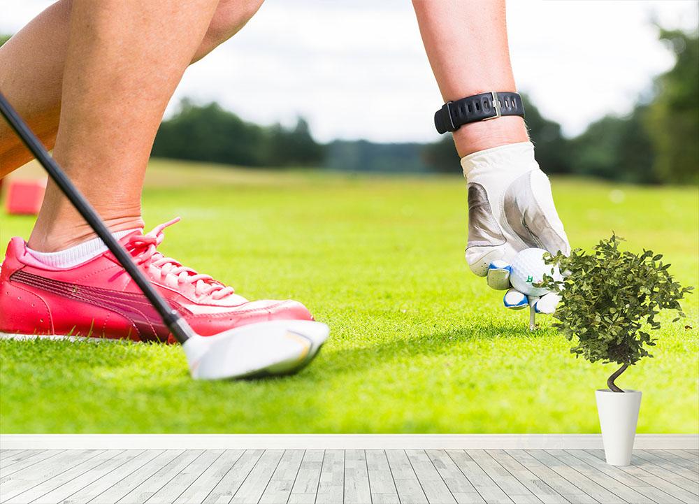 Woman putting golf ball on tee Wall Mural Wallpaper - Canvas Art Rocks - 4