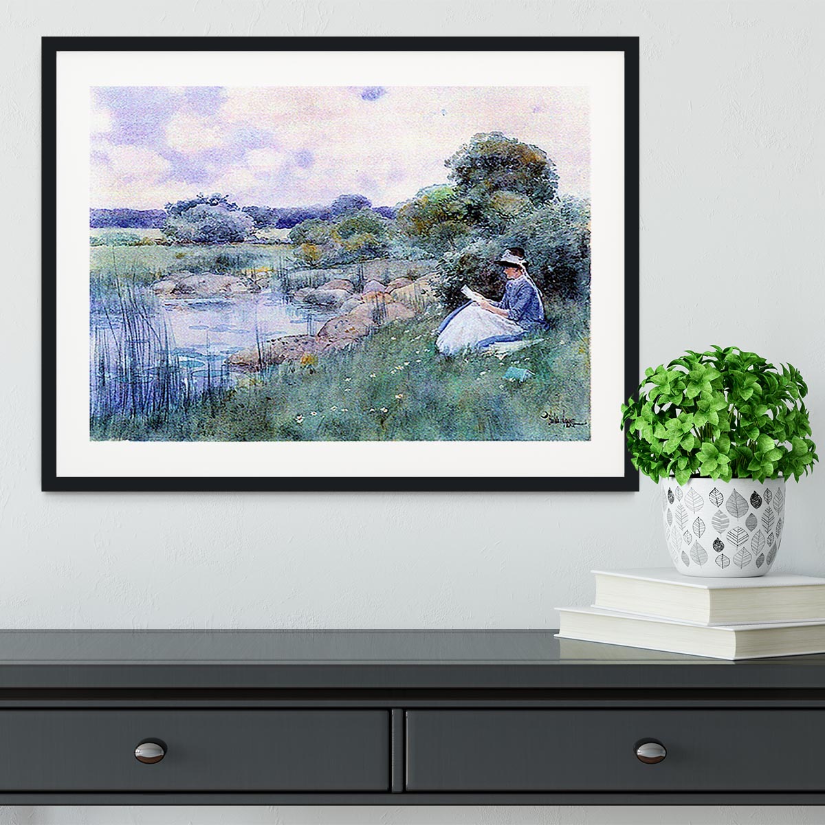 Woman reading by Hassam Framed Print - Canvas Art Rocks - 1