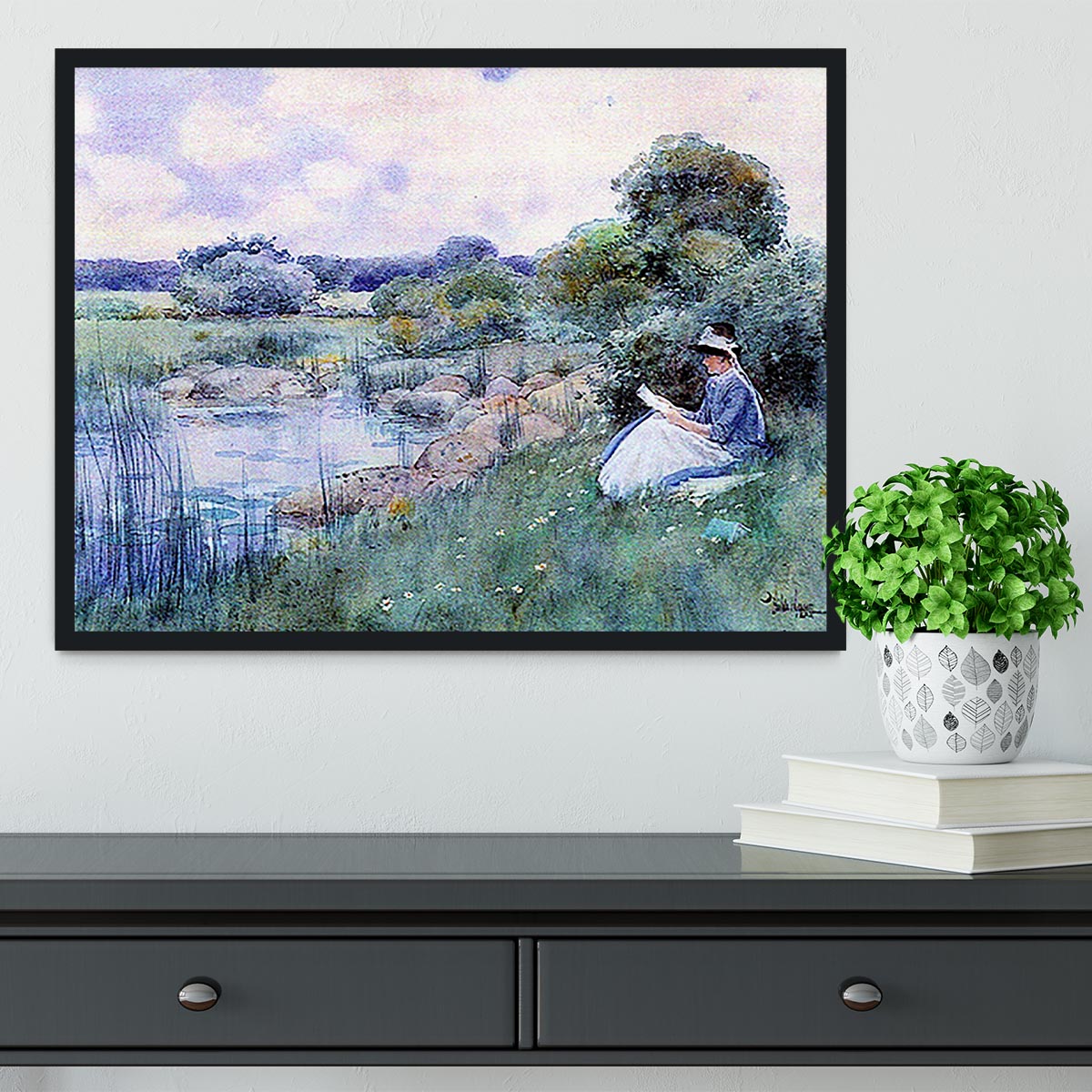 Woman reading by Hassam Framed Print - Canvas Art Rocks - 2