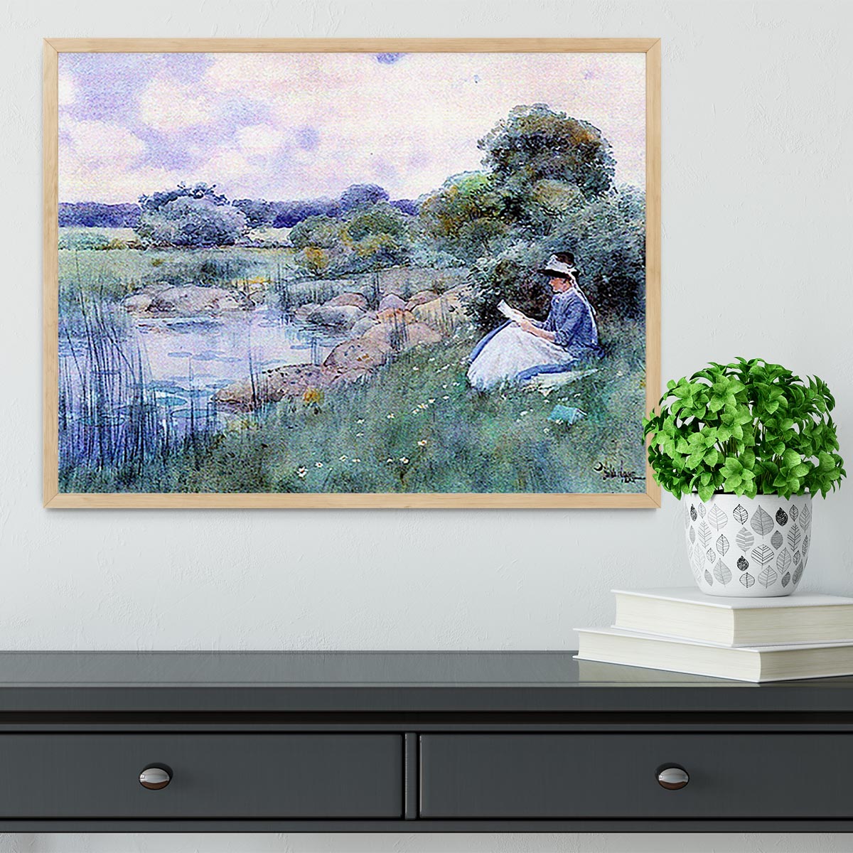 Woman reading by Hassam Framed Print - Canvas Art Rocks - 4
