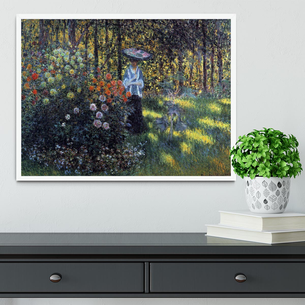 Woman with a parasol in the garden of Argenteuil by Monet Framed Print - Canvas Art Rocks -6