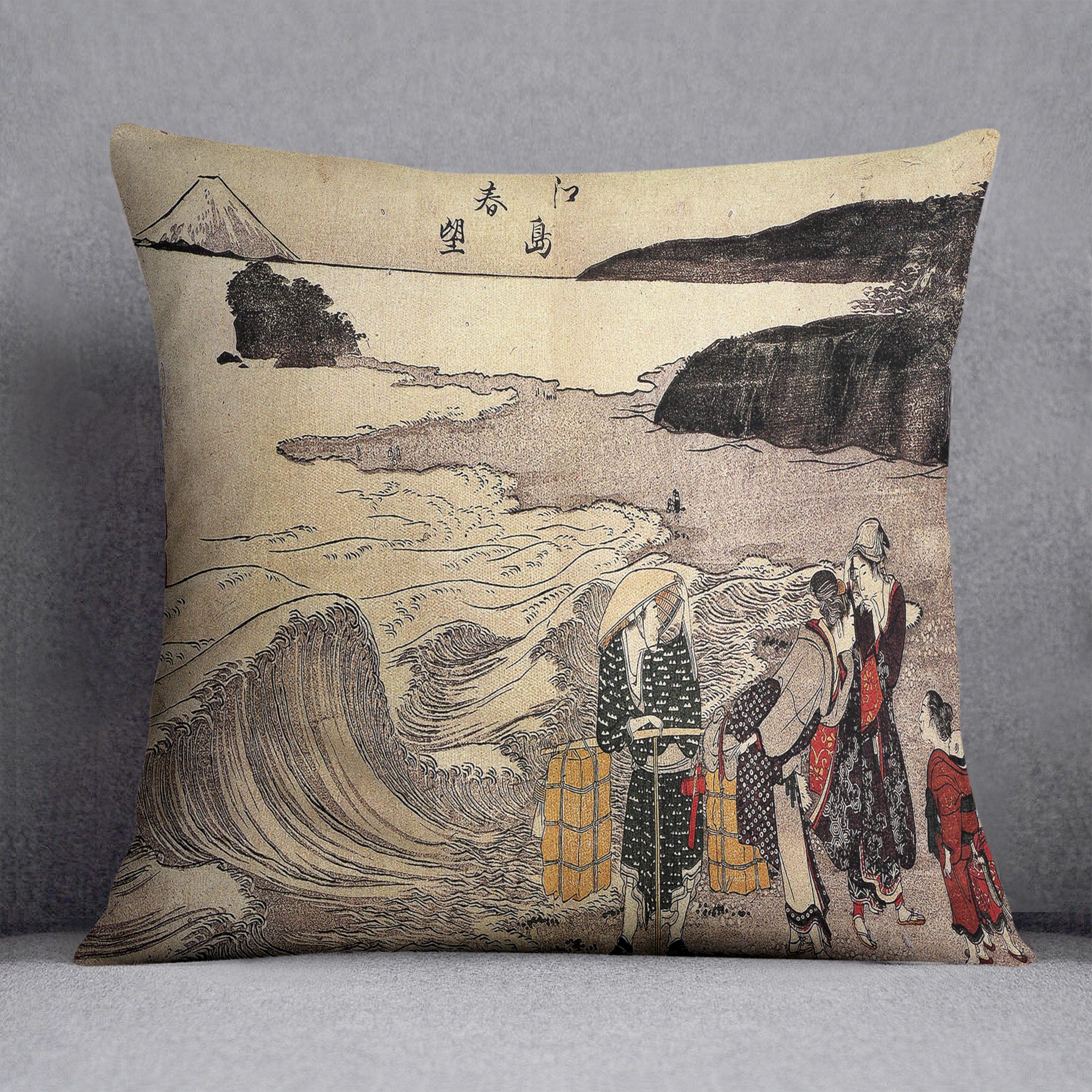 Women on the beach of Enoshima by Hokusai Cushion