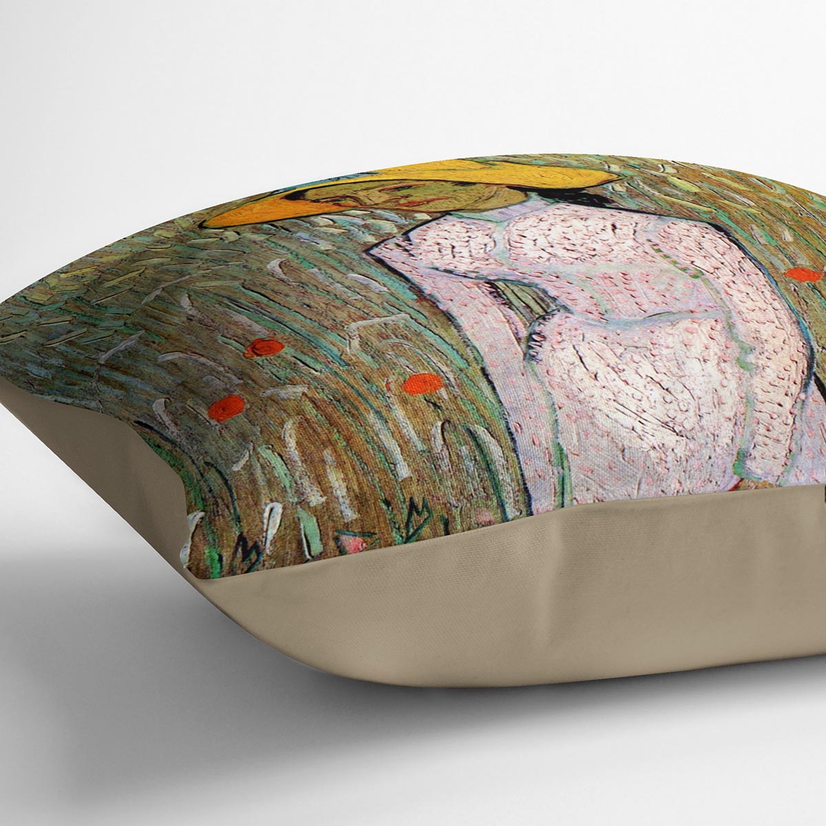 Young Girl Standing Against a Background of Wheat by Van Gogh Cushion