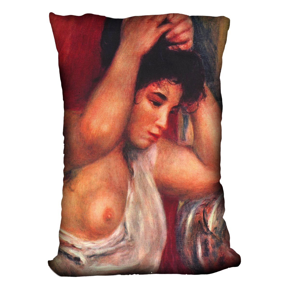Young woman hairdressing by Renoir Cushion