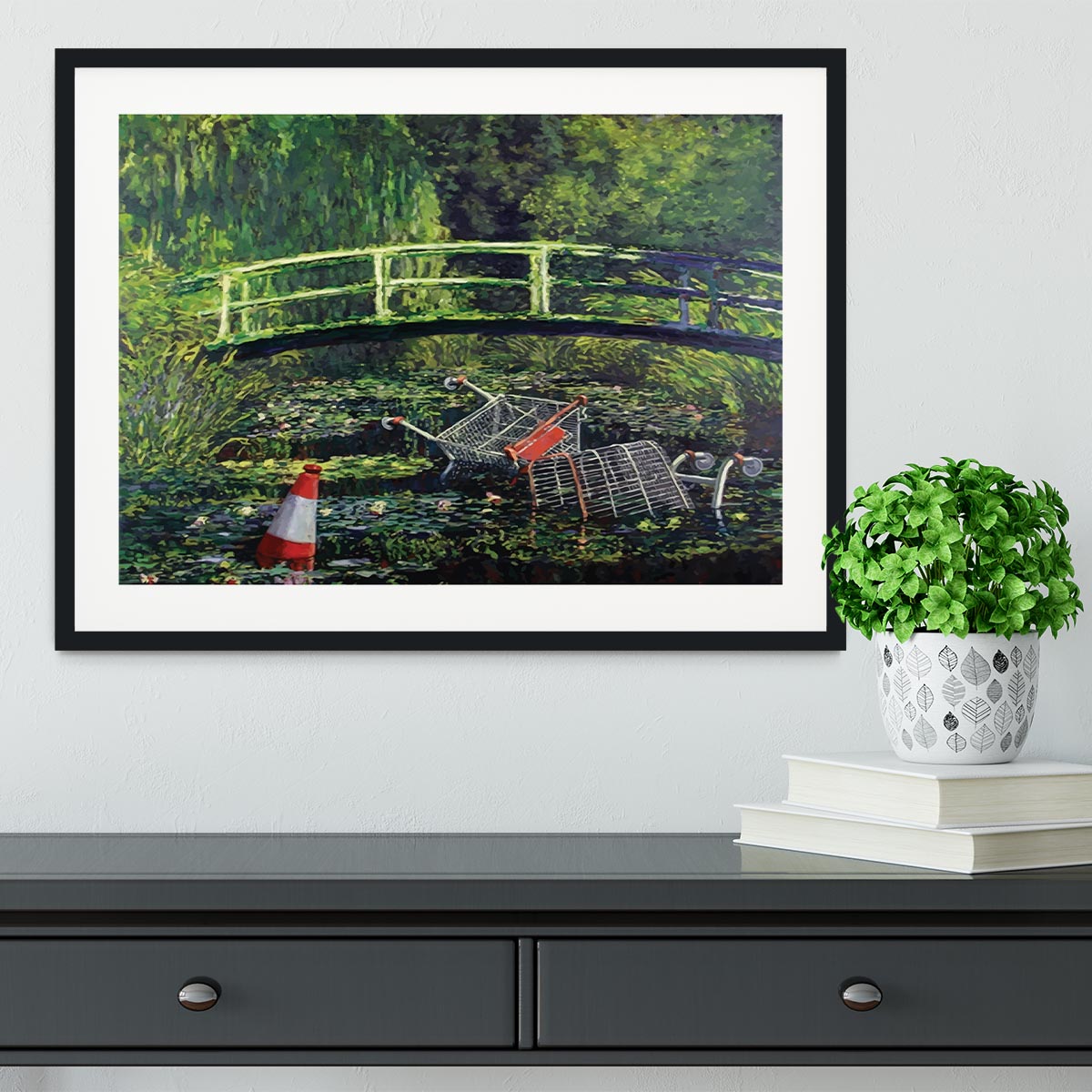 banksy Water Lilies Trash Framed Print - Canvas Art Rocks - 1
