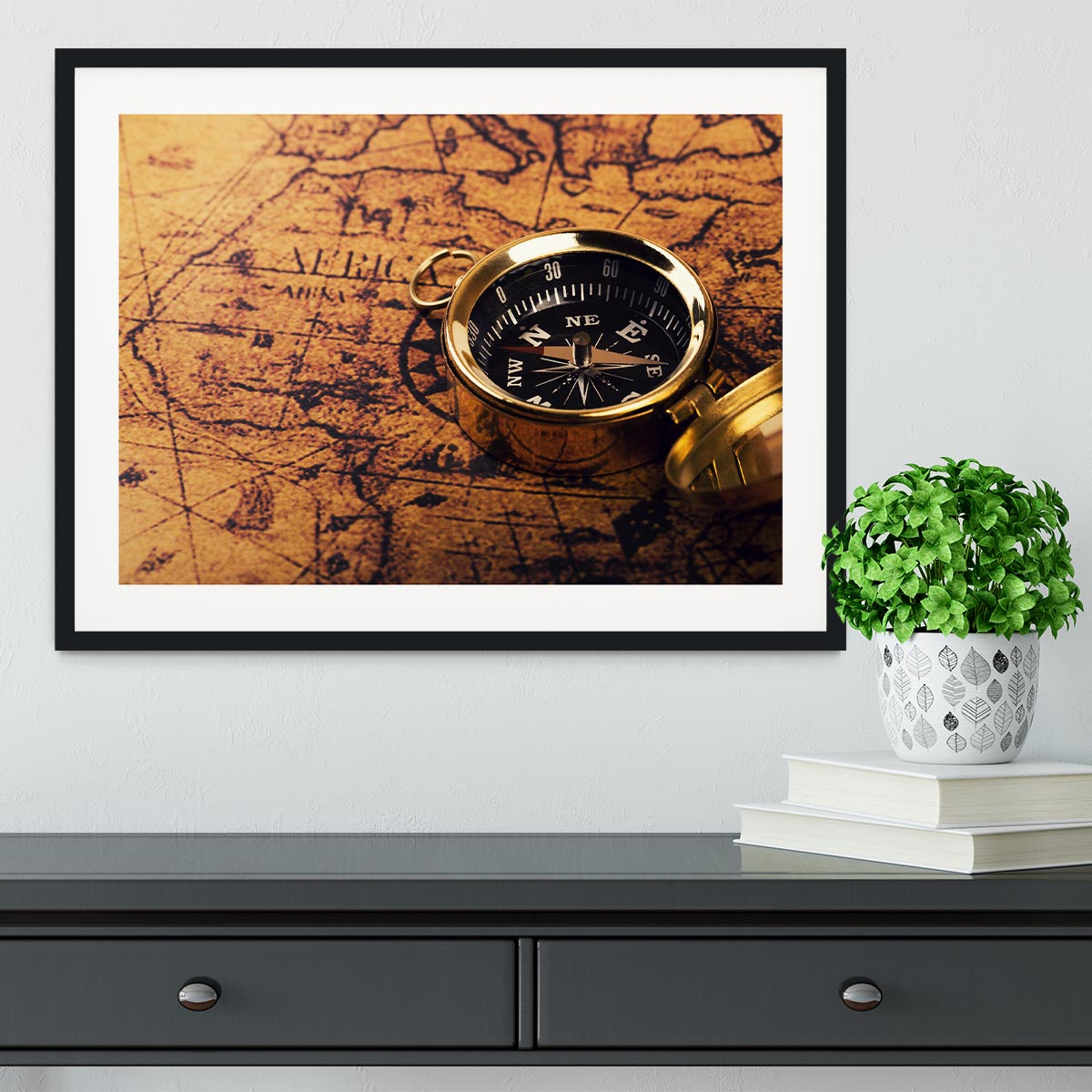 compass on vintage world map Framed Print - Canvas Art Rocks - 1
