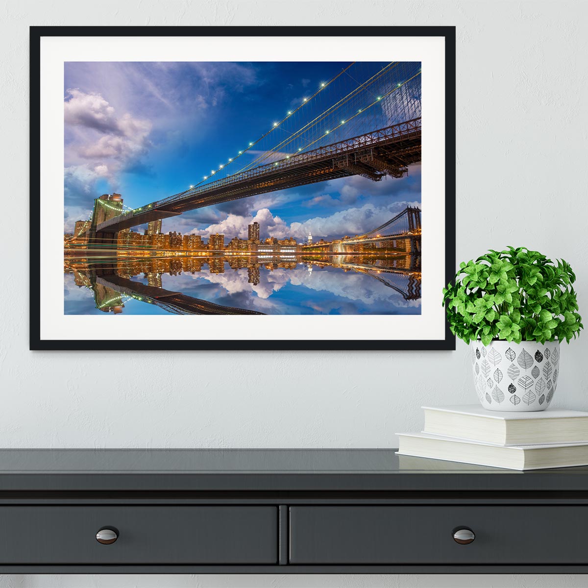 panoramic sunset with Brooklyn and Manhattan Bridge Framed Print - Canvas Art Rocks - 1