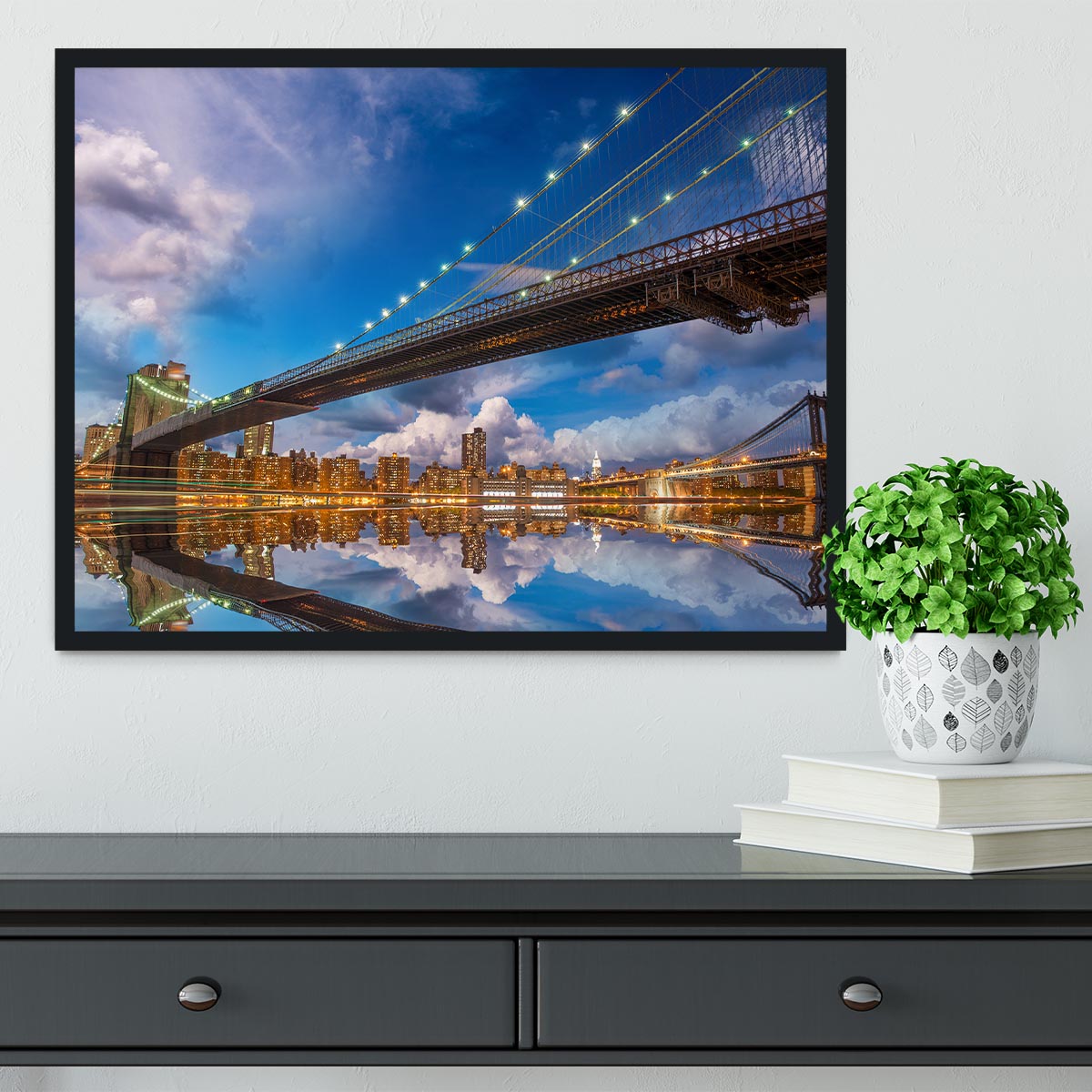panoramic sunset with Brooklyn and Manhattan Bridge Framed Print - Canvas Art Rocks - 2