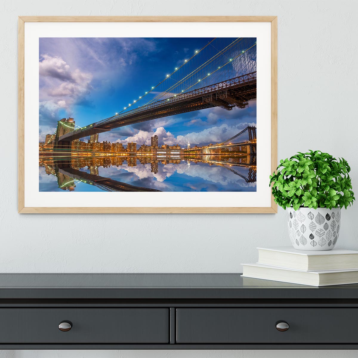 panoramic sunset with Brooklyn and Manhattan Bridge Framed Print - Canvas Art Rocks - 3