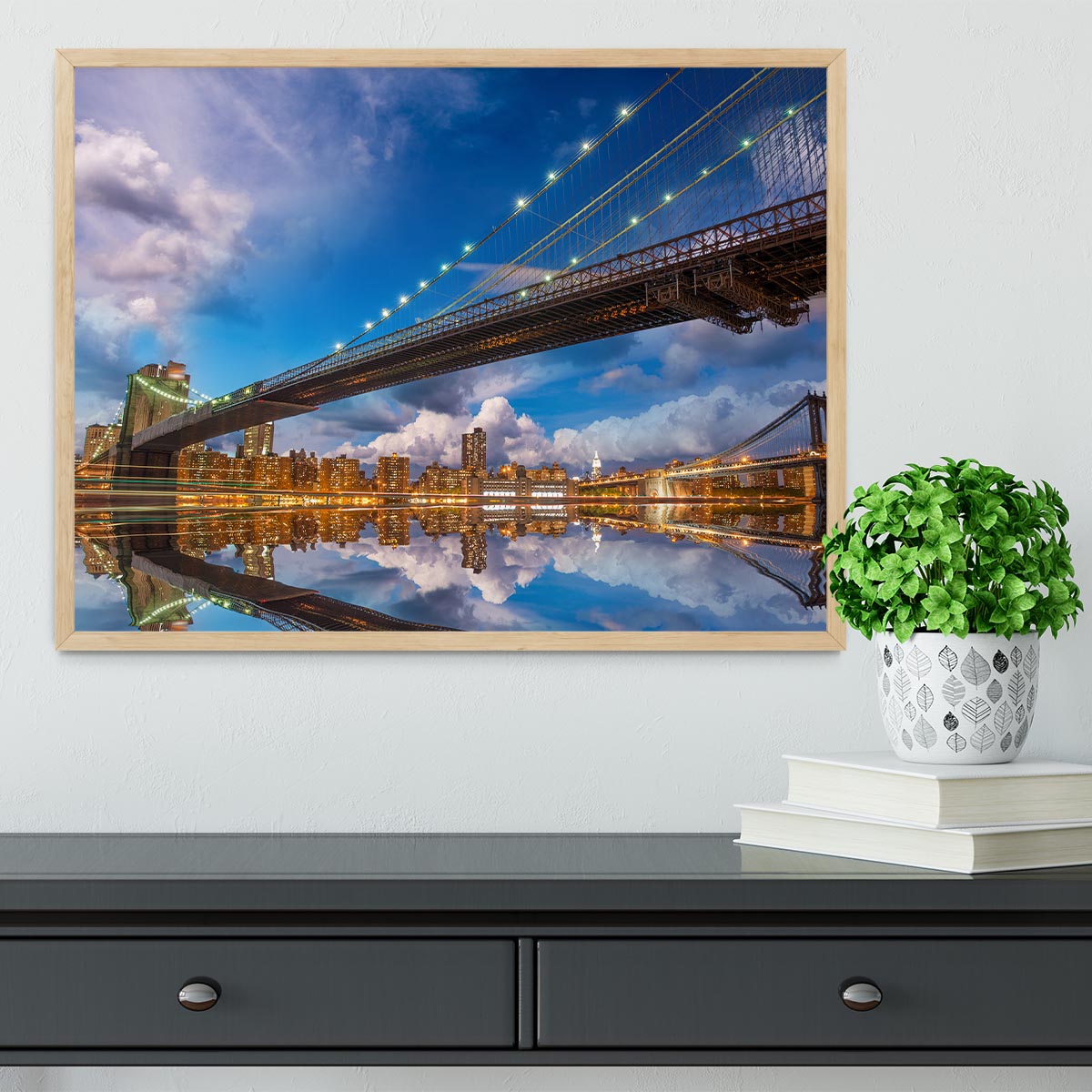 panoramic sunset with Brooklyn and Manhattan Bridge Framed Print - Canvas Art Rocks - 4