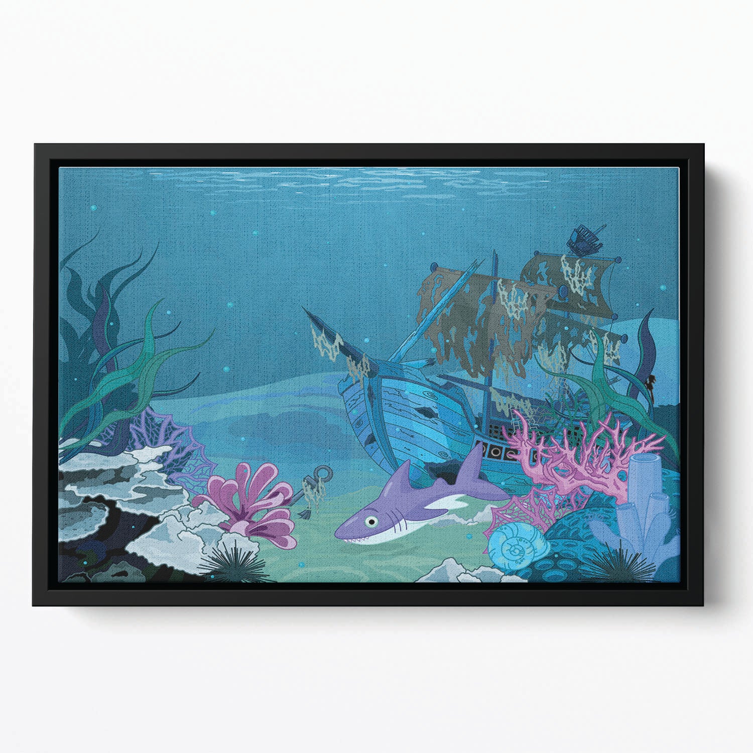 scene with old pirate ship Floating Framed Canvas