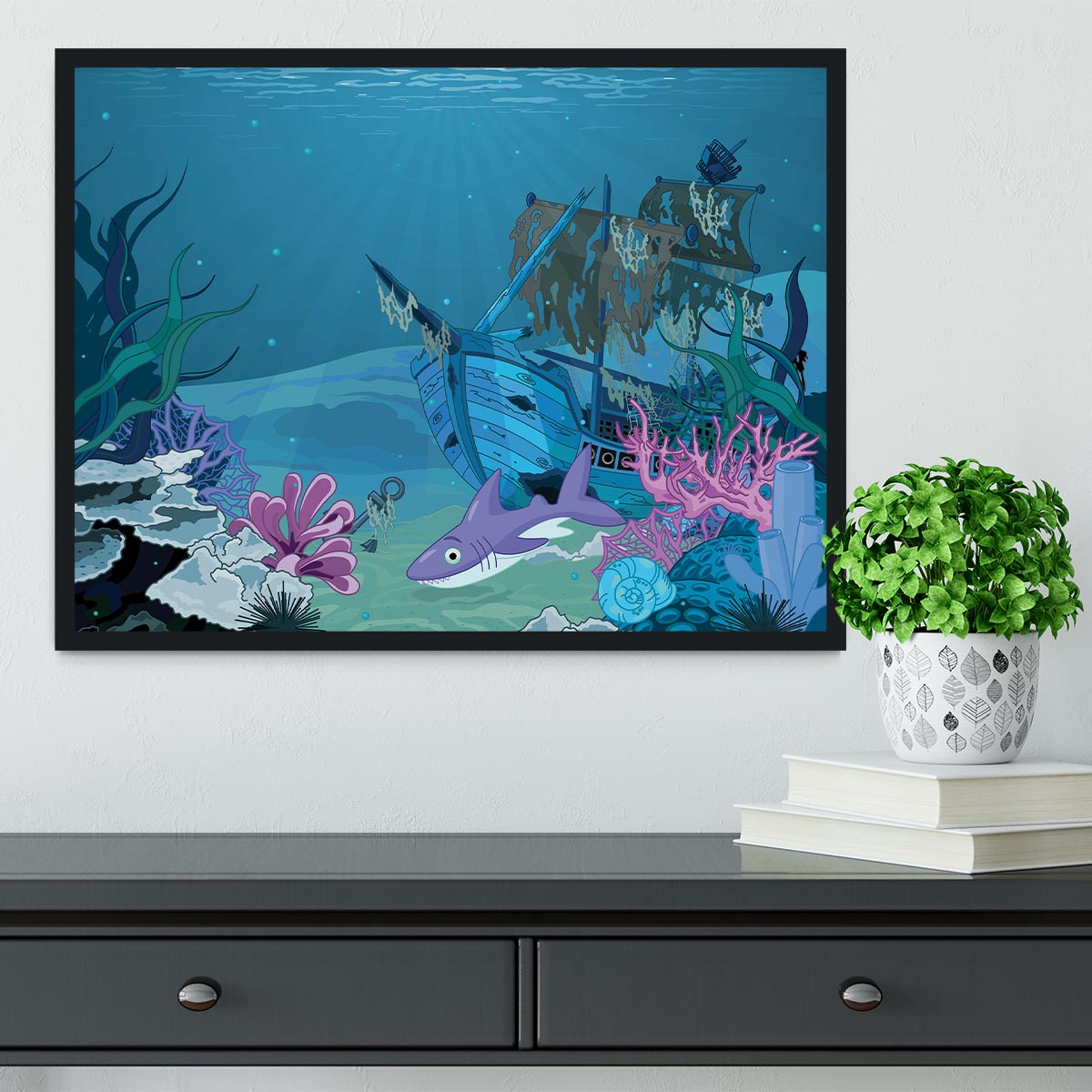 scene with old pirate ship Framed Print - Canvas Art Rocks - 2