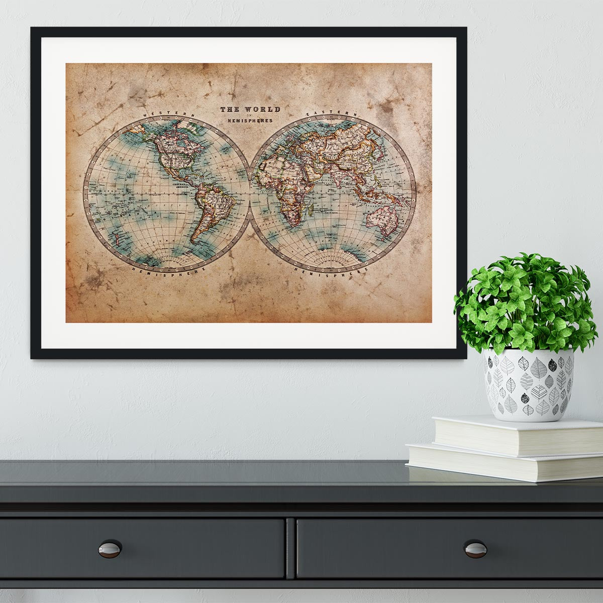 Vintage-style framed world map print for a study, hallway or living room wall