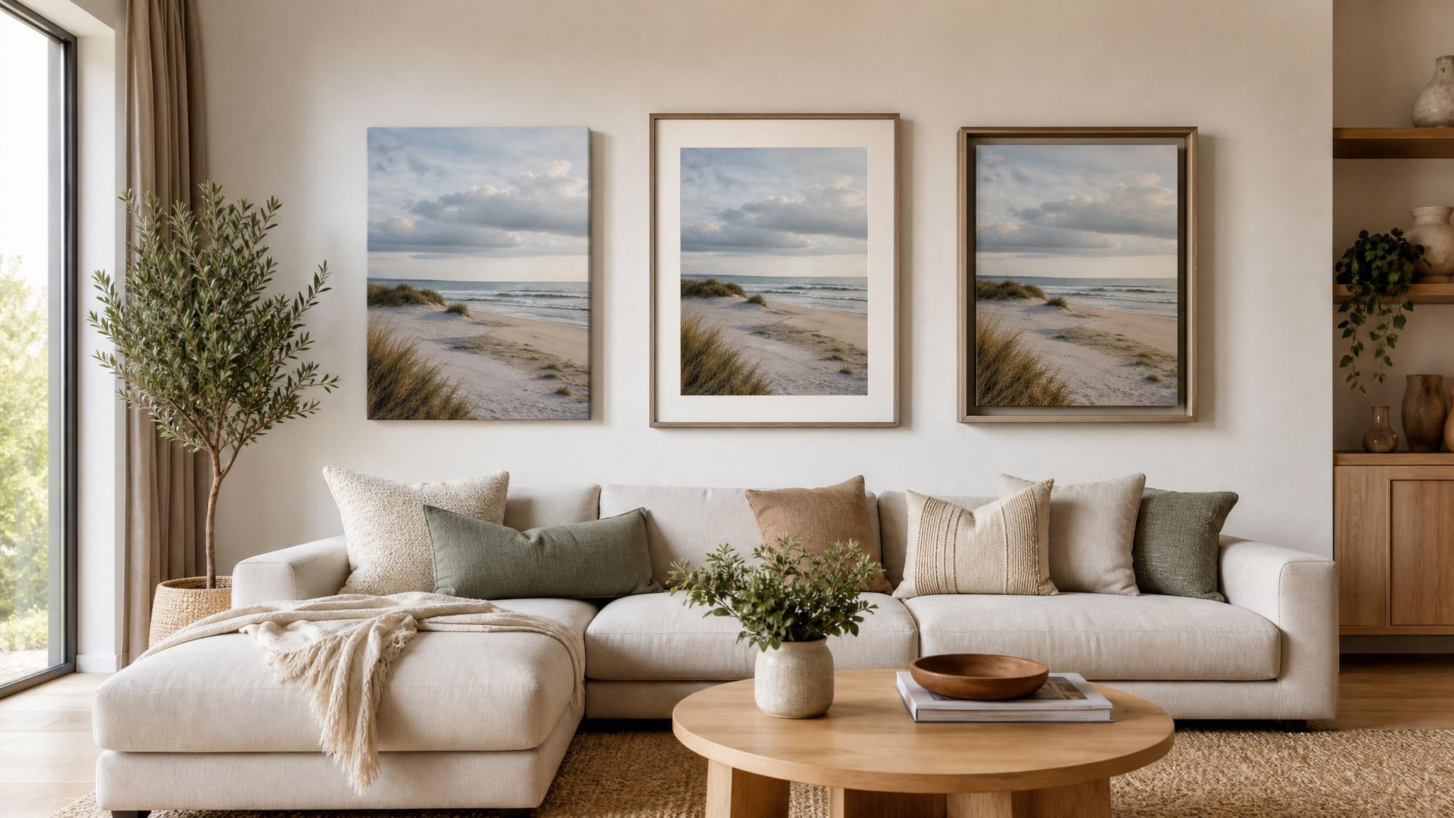 Modern living room showing canvas, framed print and floating framed canvas wall art formats