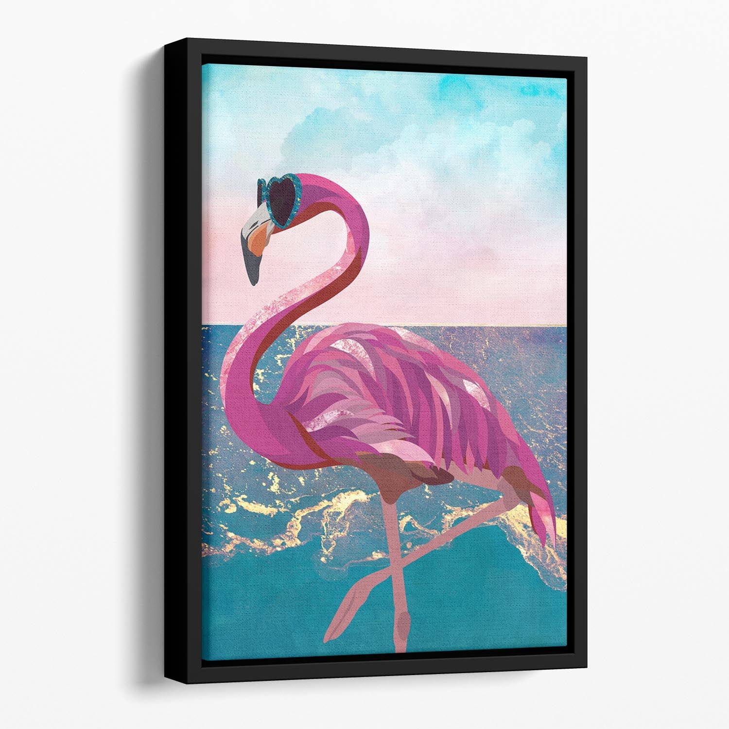 Flamingo goes to the beach Floating Framed Canvas - 1x - 1