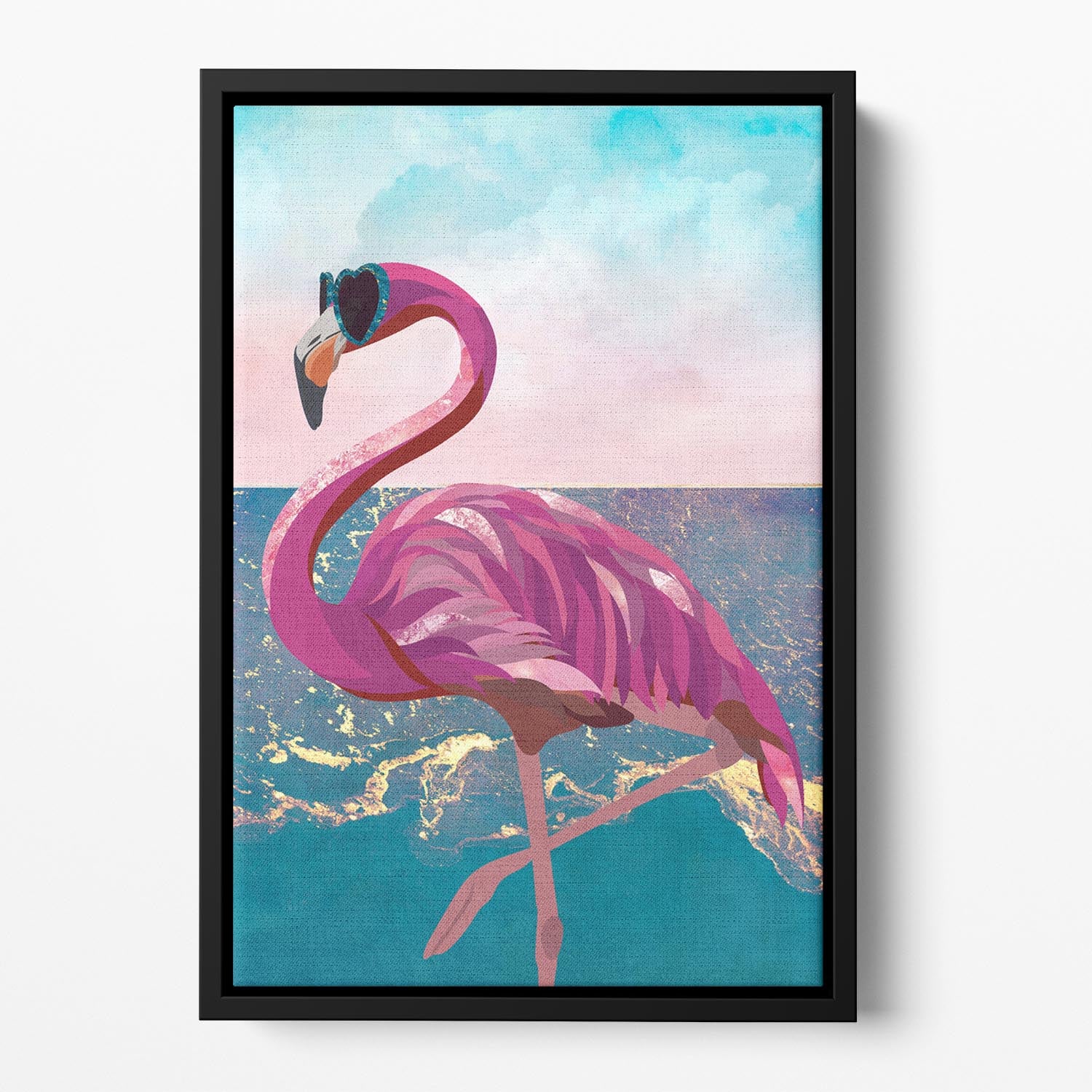 Flamingo goes to the beach Floating Framed Canvas - 1x - 2