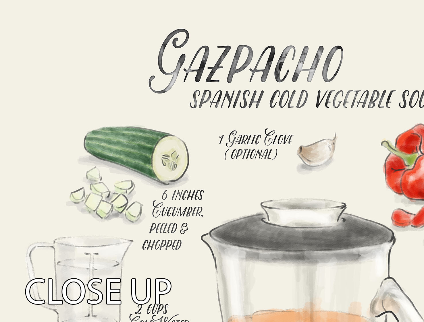 Gazpacho illustrated recipe in English 3 Split Panel Canvas Print - Canvas Art Rocks - 3