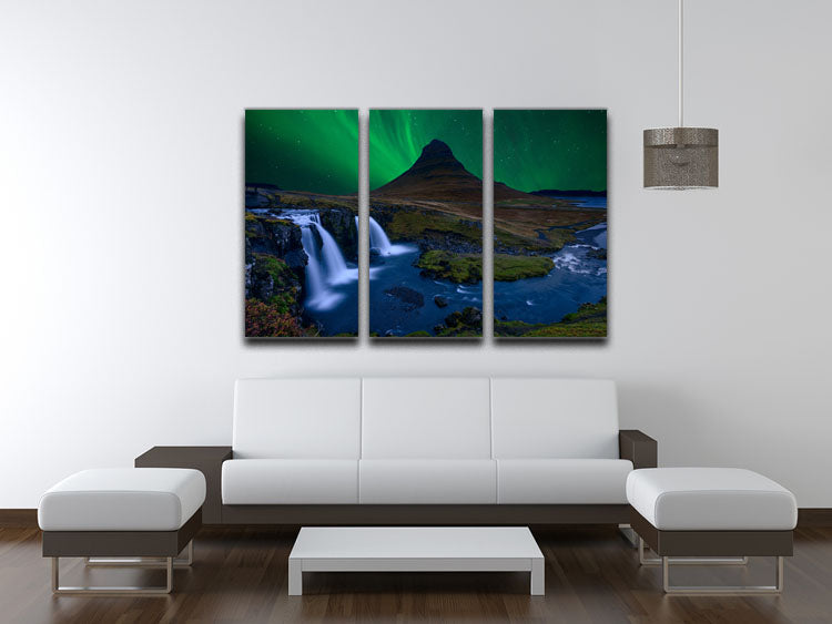 Kirkjufell Under a boreal green sky 3 Split Panel Canvas Print - Canvas Art Rocks - 3
