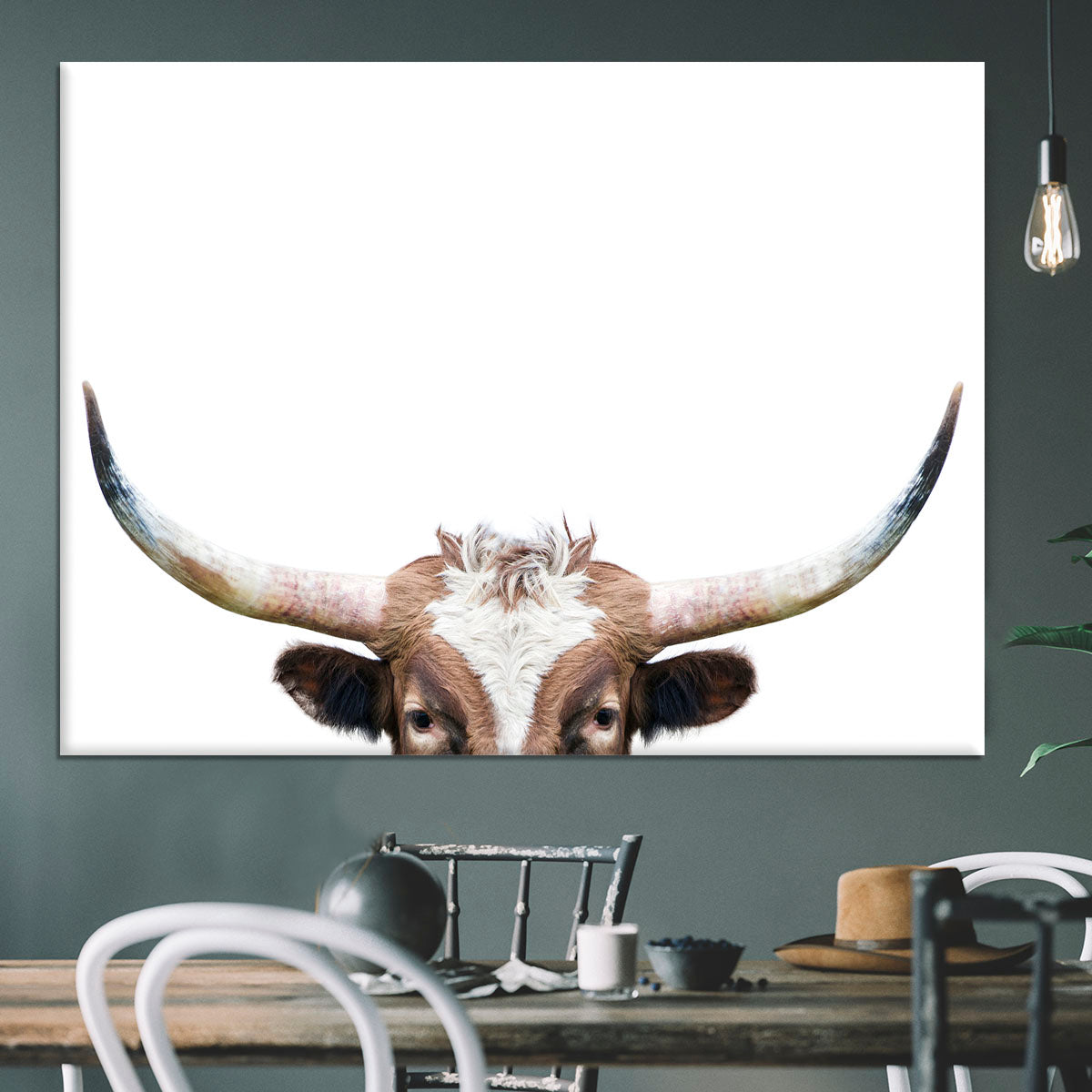 Peeking Longhorn Cow Canvas Print or Poster - 1x - 3