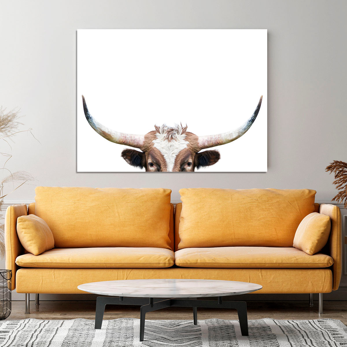 Peeking Longhorn Cow Canvas Print or Poster - 1x - 4