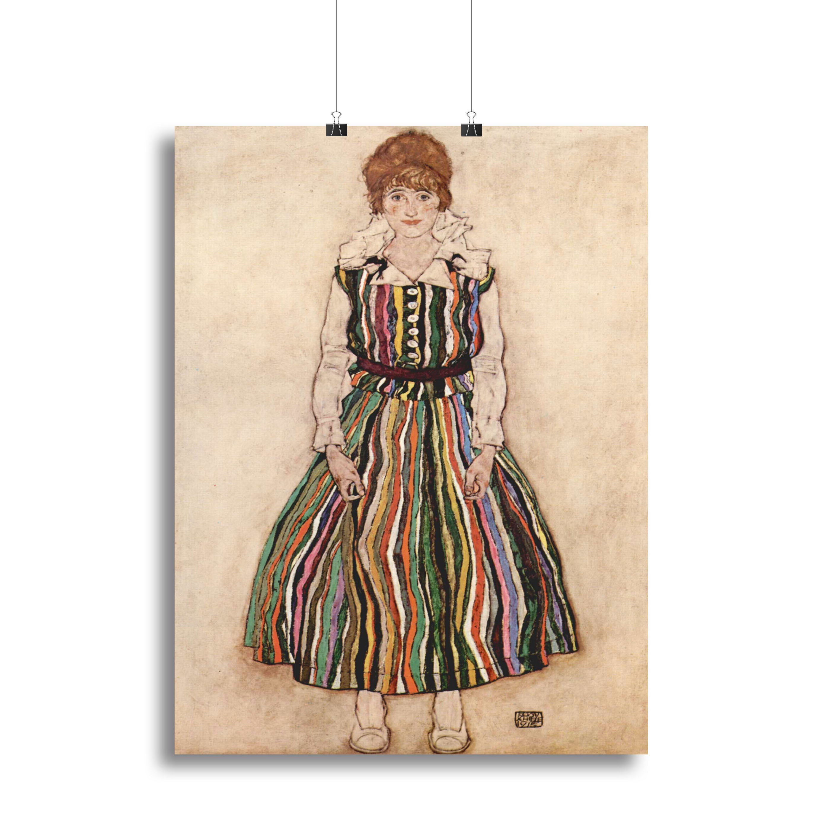 Portrait of Edith Egon Schiele in a striped dress by Egon Schiele Poster - Unframed