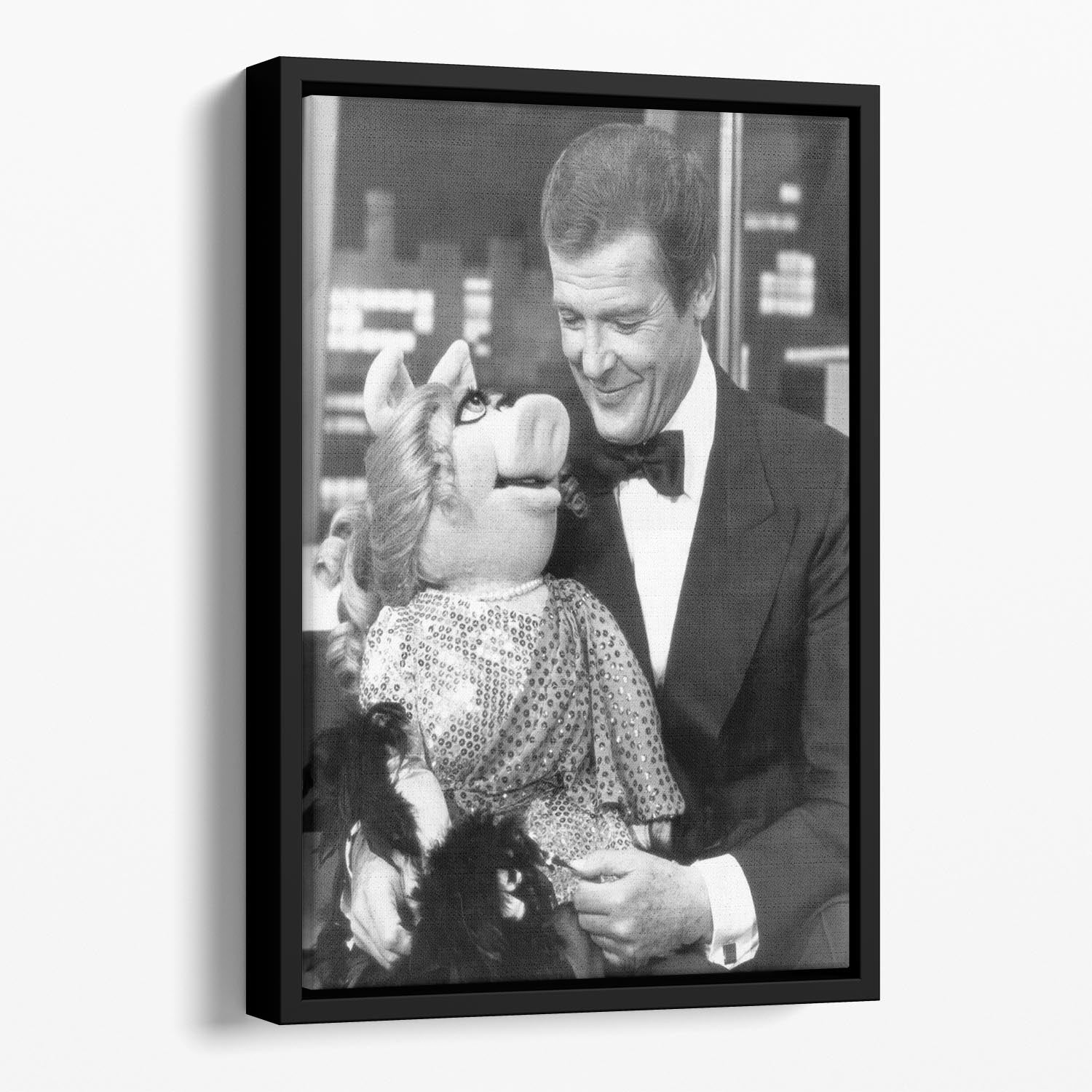 Roger Moore with Miss Piggy Floating Framed Canvas - Canvas Art Rocks - 1