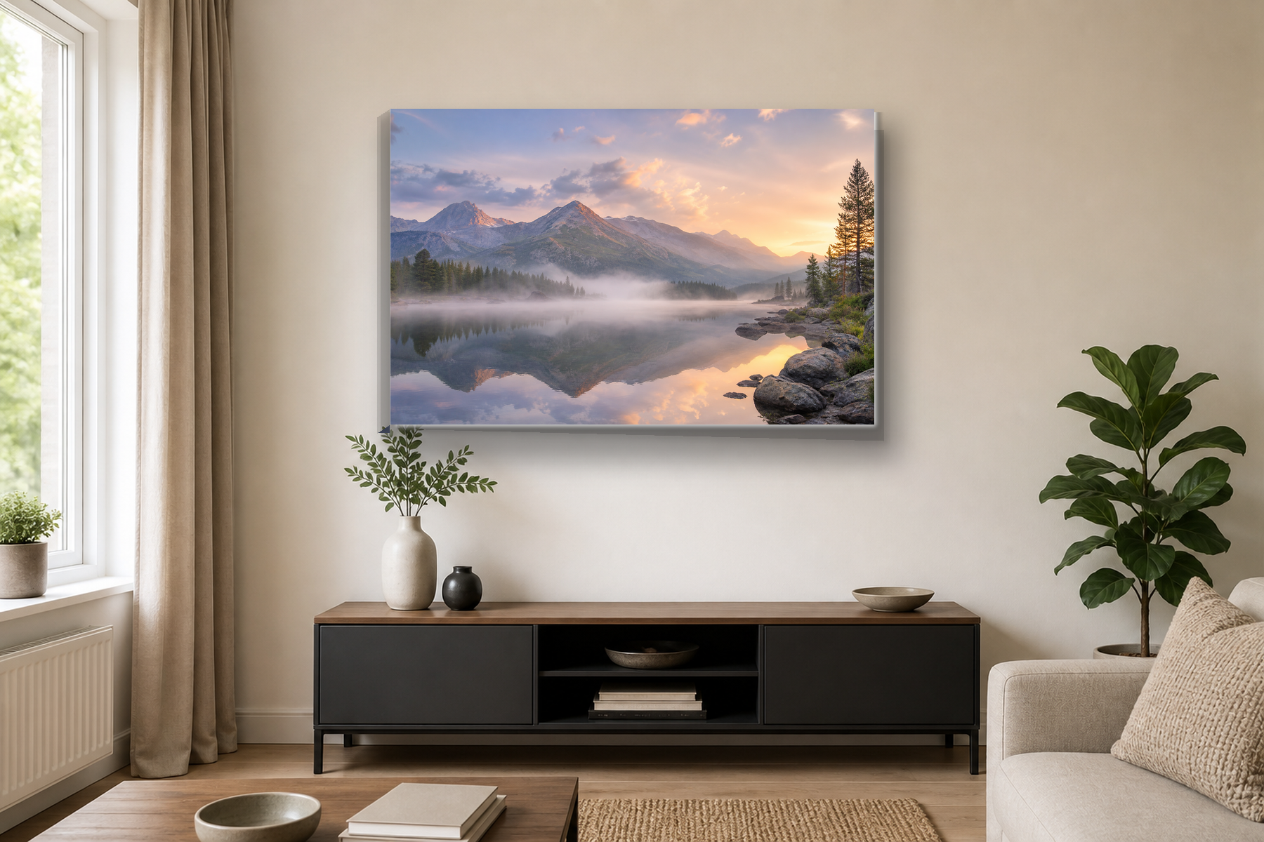 Misty Mountain Lake Sunrise Canvas Print