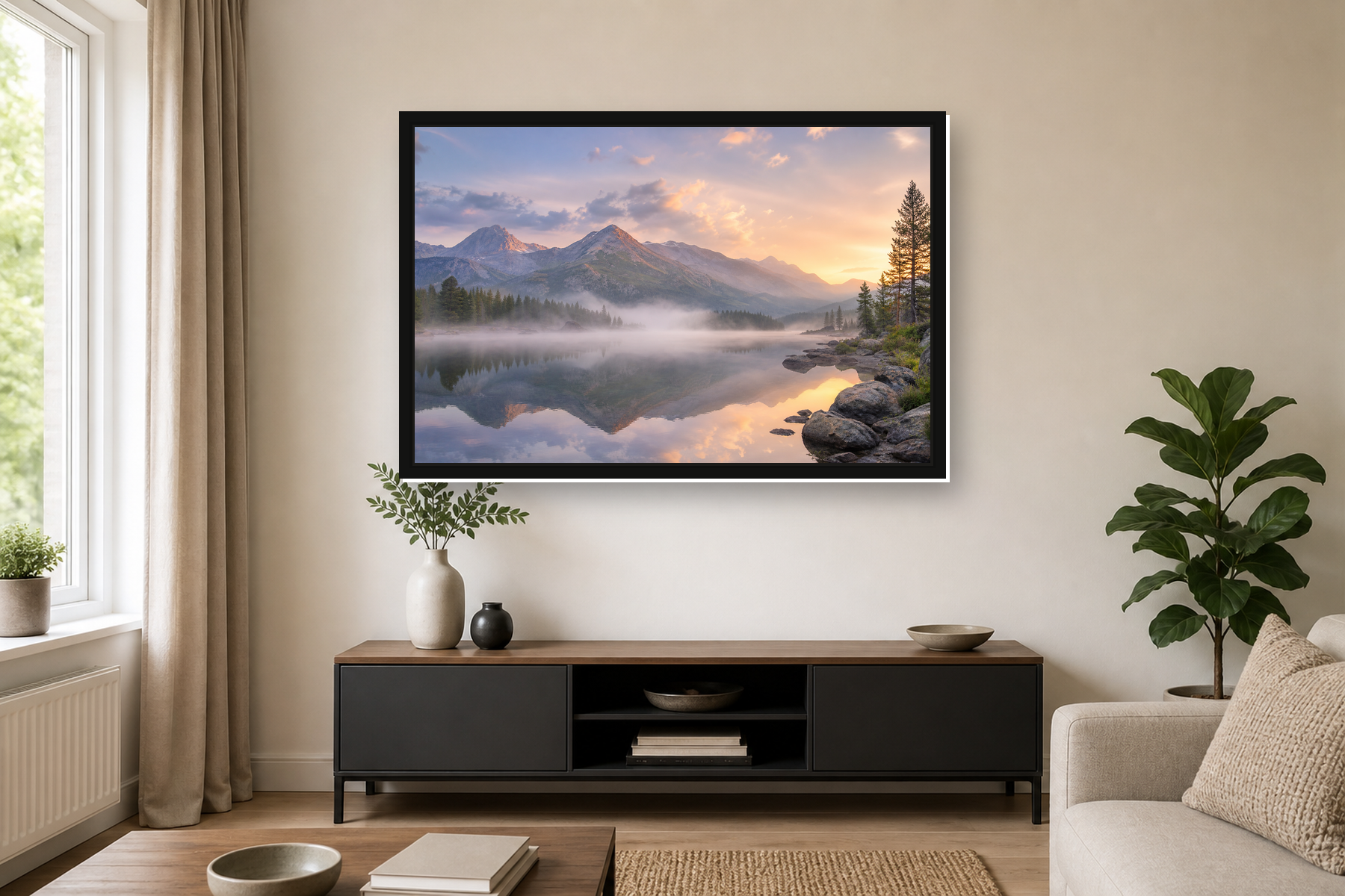 Misty Mountain Lake Sunrise Floating Framed Canvas