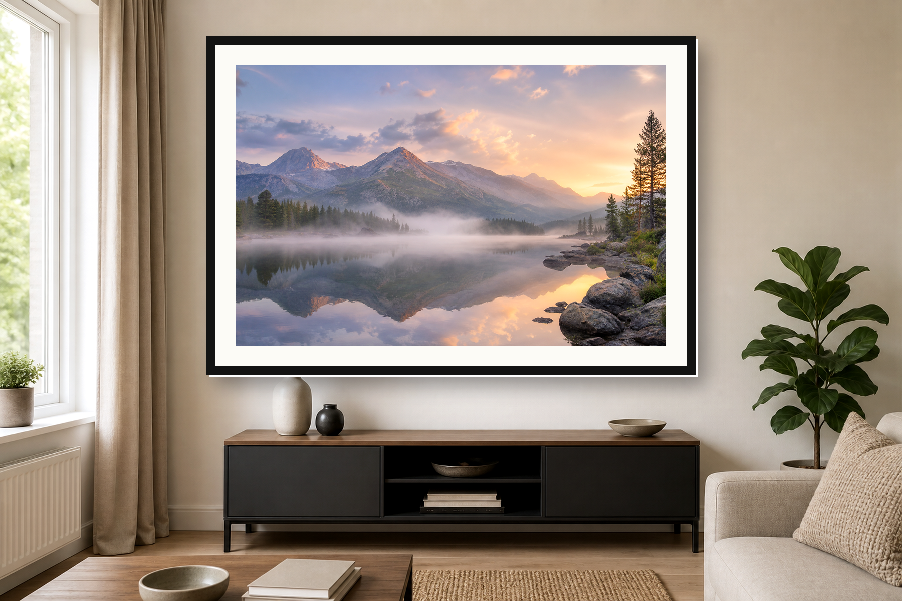Misty Mountain Lake Sunrise Framed Print or Poster