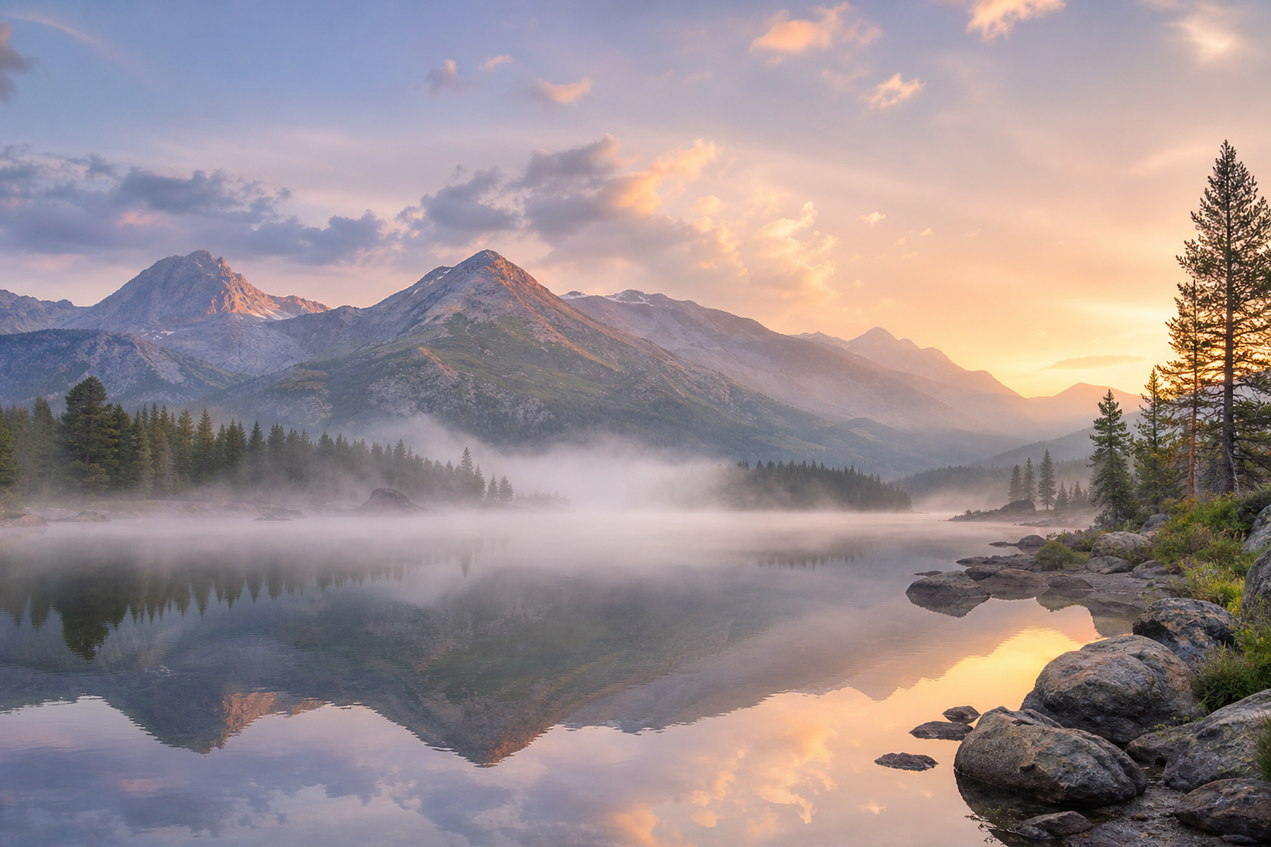 Misty Mountain Lake Sunrise Framed Print or Poster