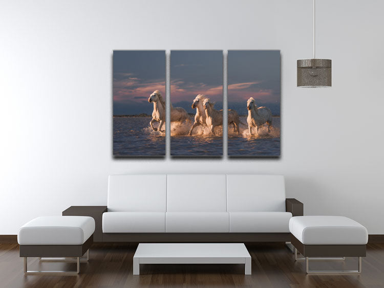 Wite Horses Running In Water 2 3 Split Panel Canvas Print - Canvas Art Rocks - 3