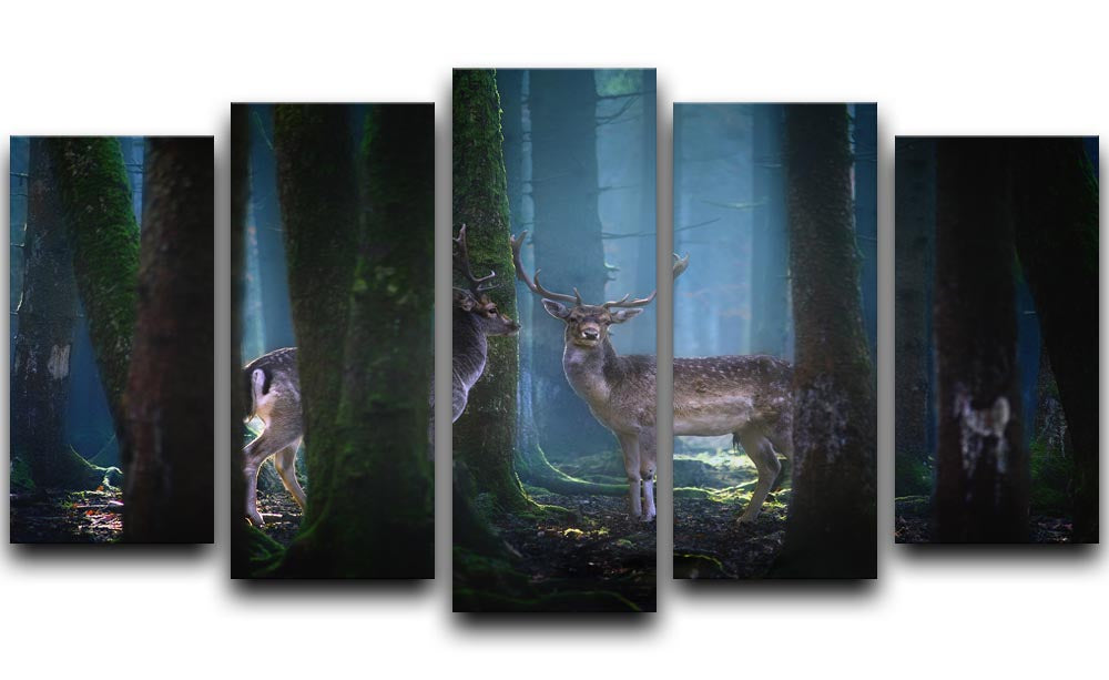 Deers In The Forest 5 Split Panel Canvas - Canvas Art Rocks - 1