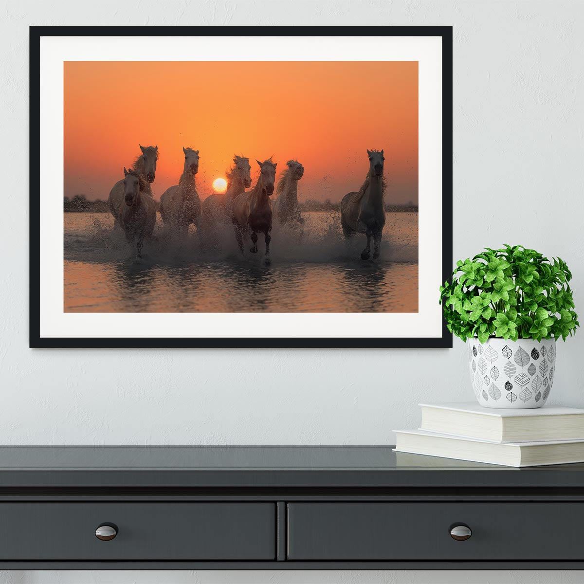 Horses Sunset in Camargue Framed Print - Canvas Art Rocks - 1