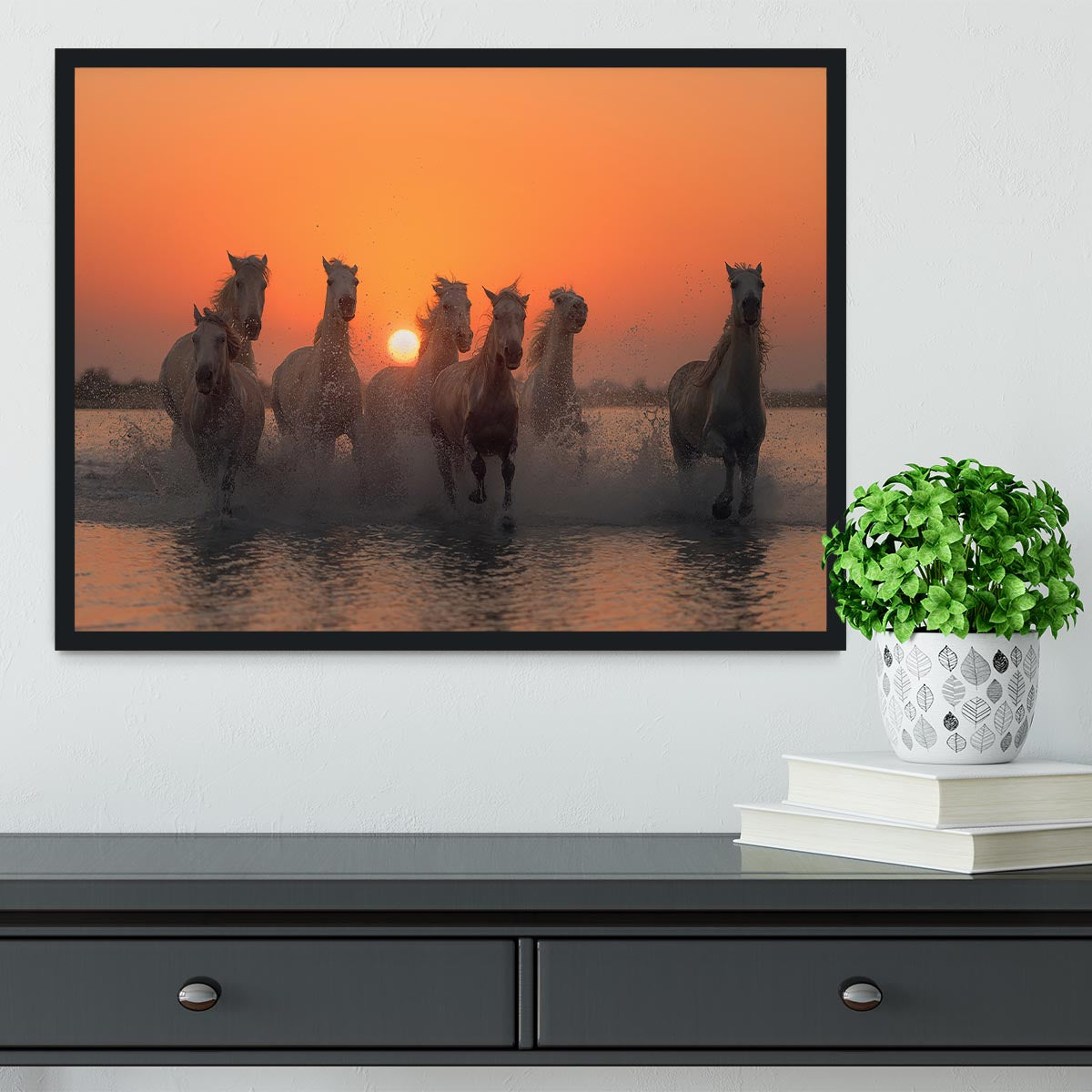 Horses Sunset in Camargue Framed Print - Canvas Art Rocks - 2