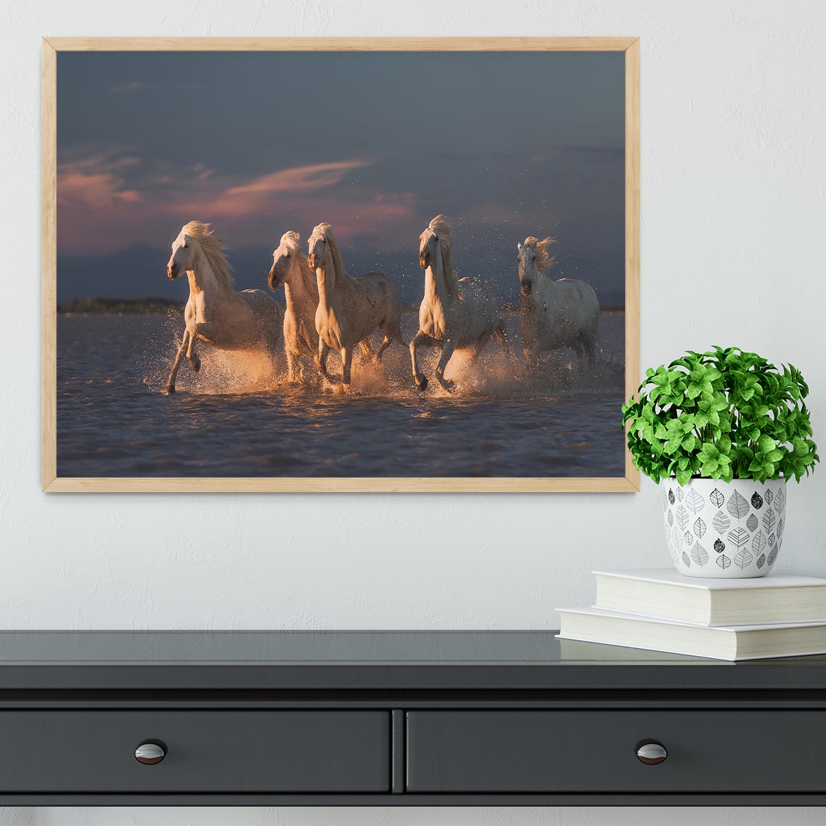 Camargue horses on sunset Framed Print - Canvas Art Rocks - 4