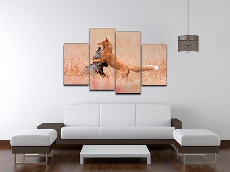 Two Foxes Playing In The Grass 4 Split Panel Canvas - Canvas Art Rocks - 3