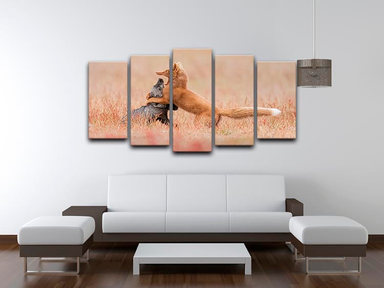 Two Foxes Playing In The Grass 5 Split Panel Canvas - Canvas Art Rocks - 3
