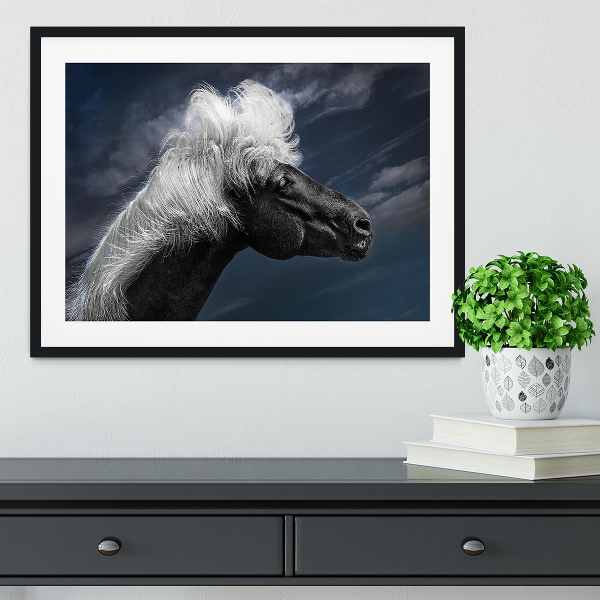 White Mane On A Black Horse Framed Print - Canvas Art Rocks - 1