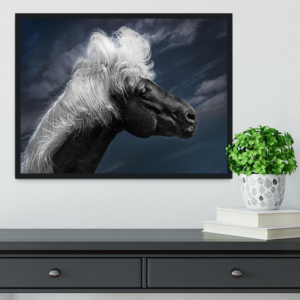 White Mane On A Black Horse Framed Print - Canvas Art Rocks - 2