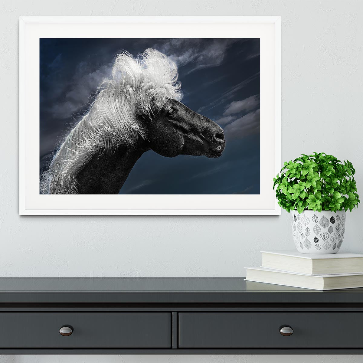 White Mane On A Black Horse Framed Print - Canvas Art Rocks - 5