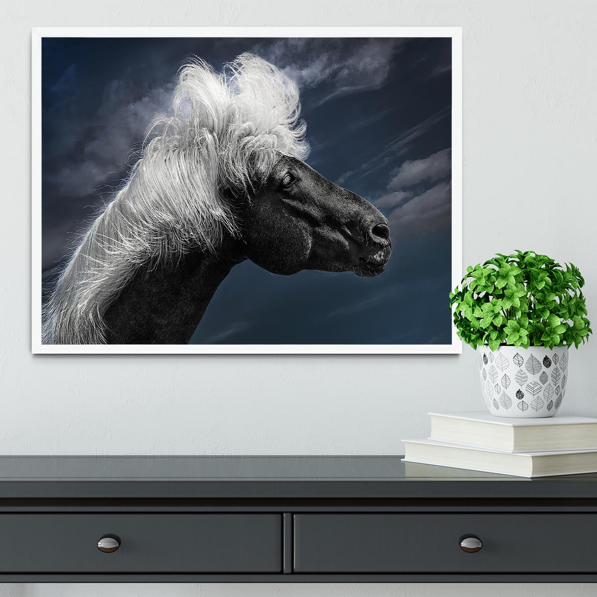 White Mane On A Black Horse Framed Print - Canvas Art Rocks -6