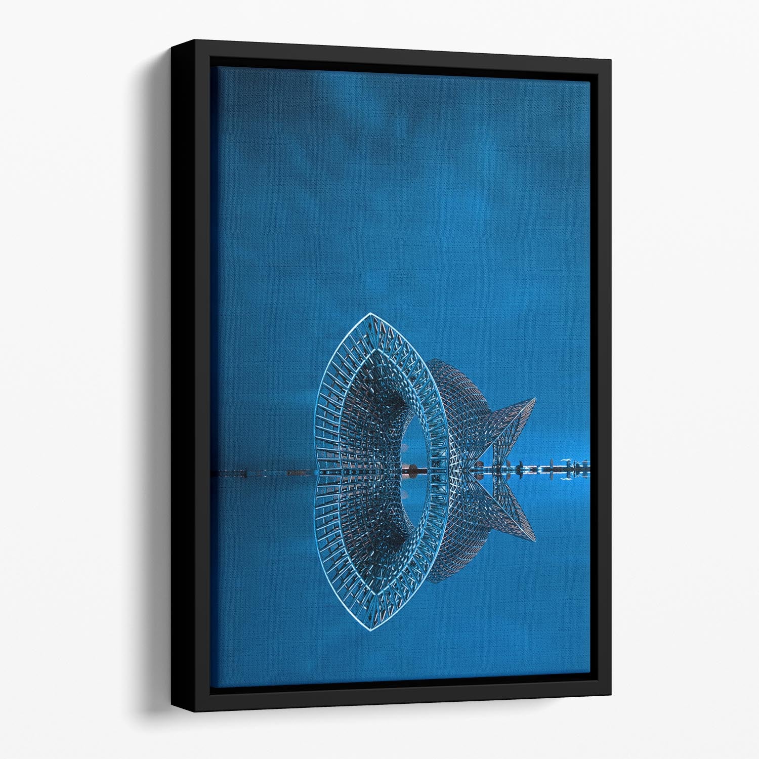 Blue Sculpture Reflected In The Sea Floating Framed Canvas - Canvas Art Rocks - 1