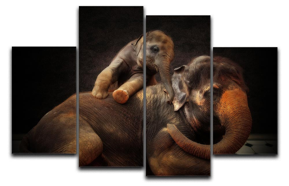 Mother And Baby Elephants 4 Split Panel Canvas - Canvas Art Rocks - 1