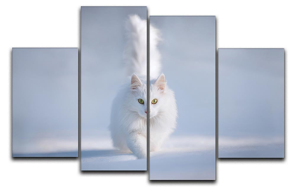 White Kitten Running In Snow 4 Split Panel Canvas - Canvas Art Rocks - 1