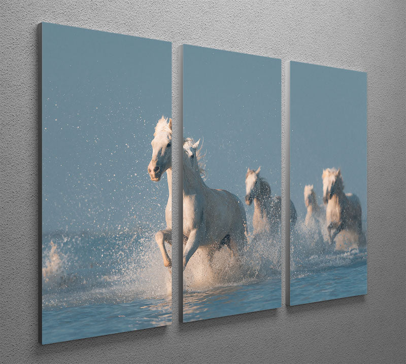 Wite Horses Running In Water 3 Split Panel Canvas Print - Canvas Art Rocks - 2