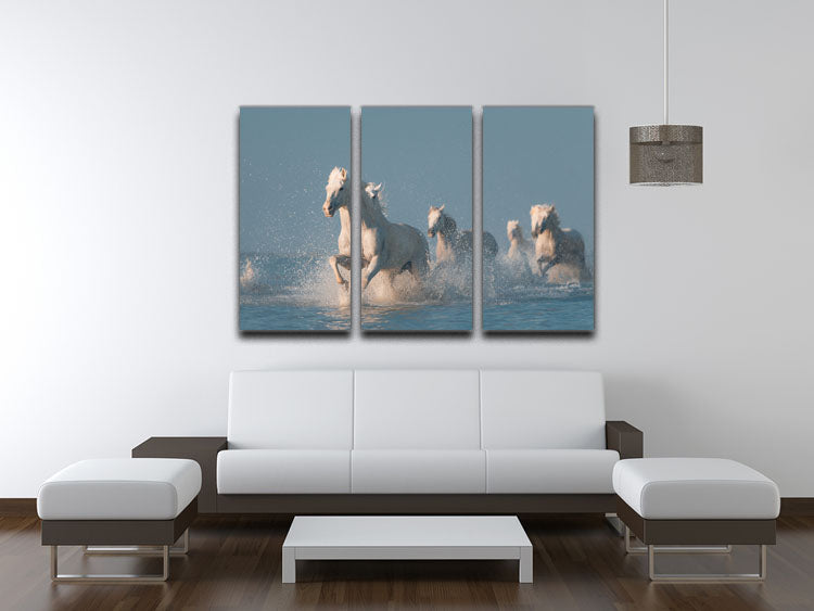 Wite Horses Running In Water 3 Split Panel Canvas Print - Canvas Art Rocks - 3